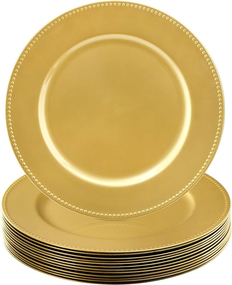 Okllen 12 Pack Plastic Gold Charger Plates, 13" Round Beaded Charger Plates Decorative Dinner Cha... | Amazon (US)