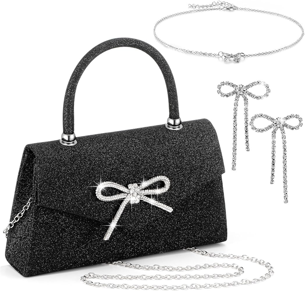 3 Pcs Clutch Bag Jewelry Set Black Bow Clutch Purse with Silver Bow Necklace and Bow Earrings Gli... | Amazon (US)