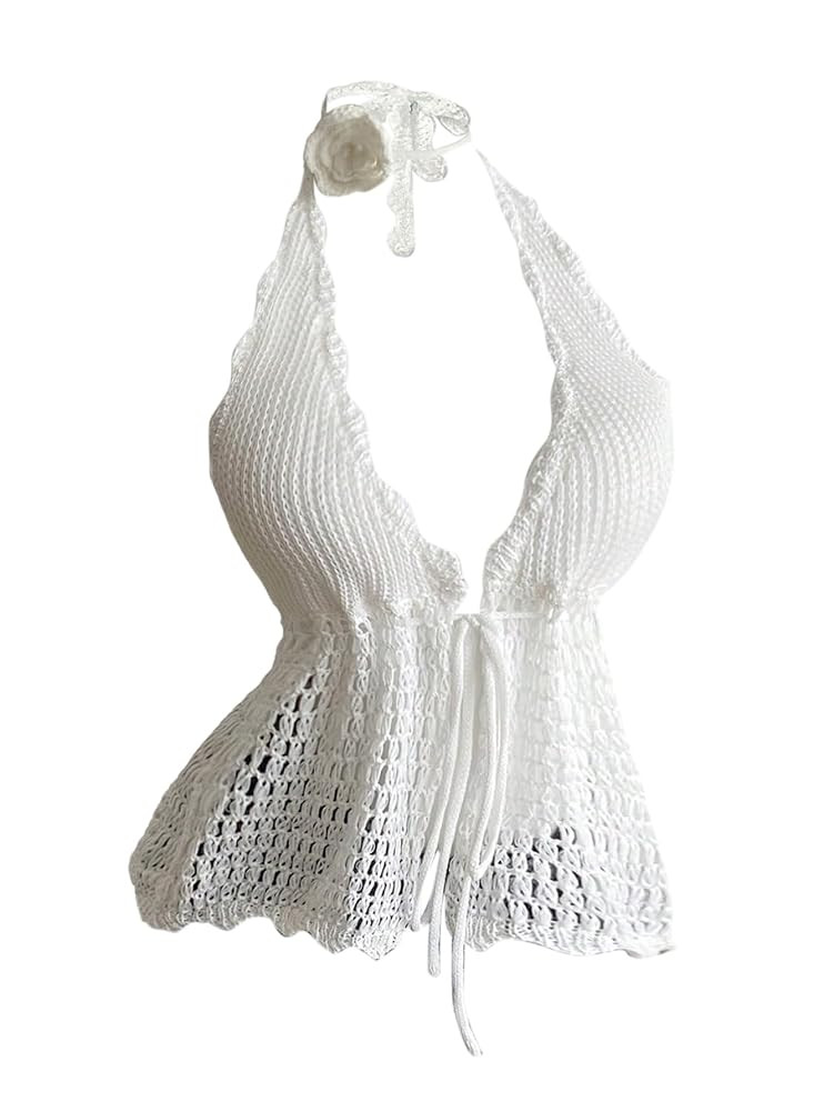 SweatyRocks Women's Sexy Applique Tie Front Knit Crochet Halter Tops Backless Summer Tops | Amazon (US)