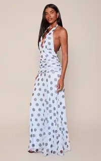Blue Polka Dot Chiffon Halterneck Maxi Dress | PrettyLittleThing UK