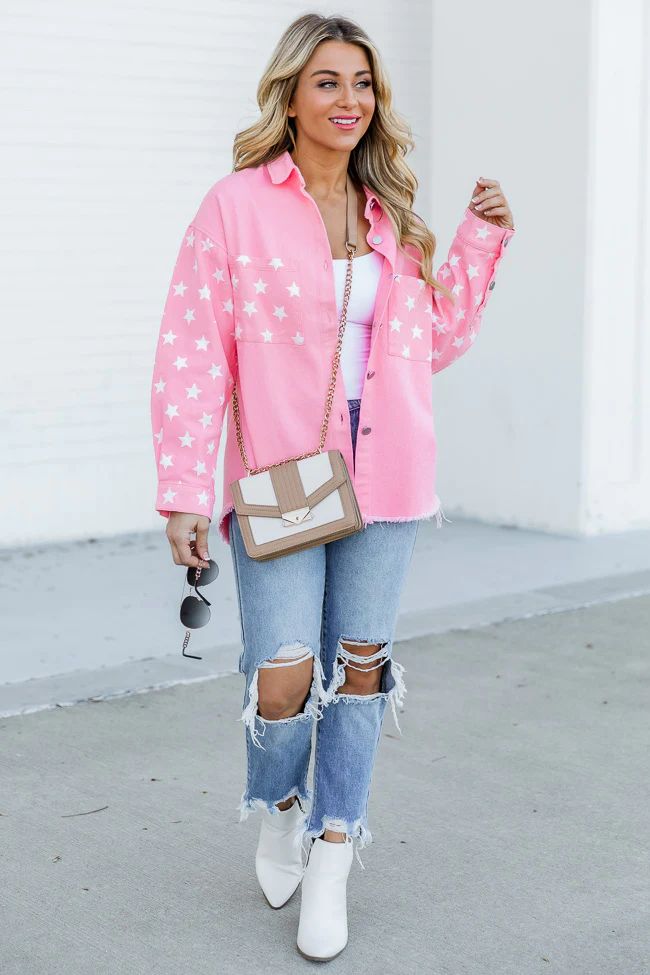 Stars In Her Eyes Pink Star Denim Jacket | Pink Lily