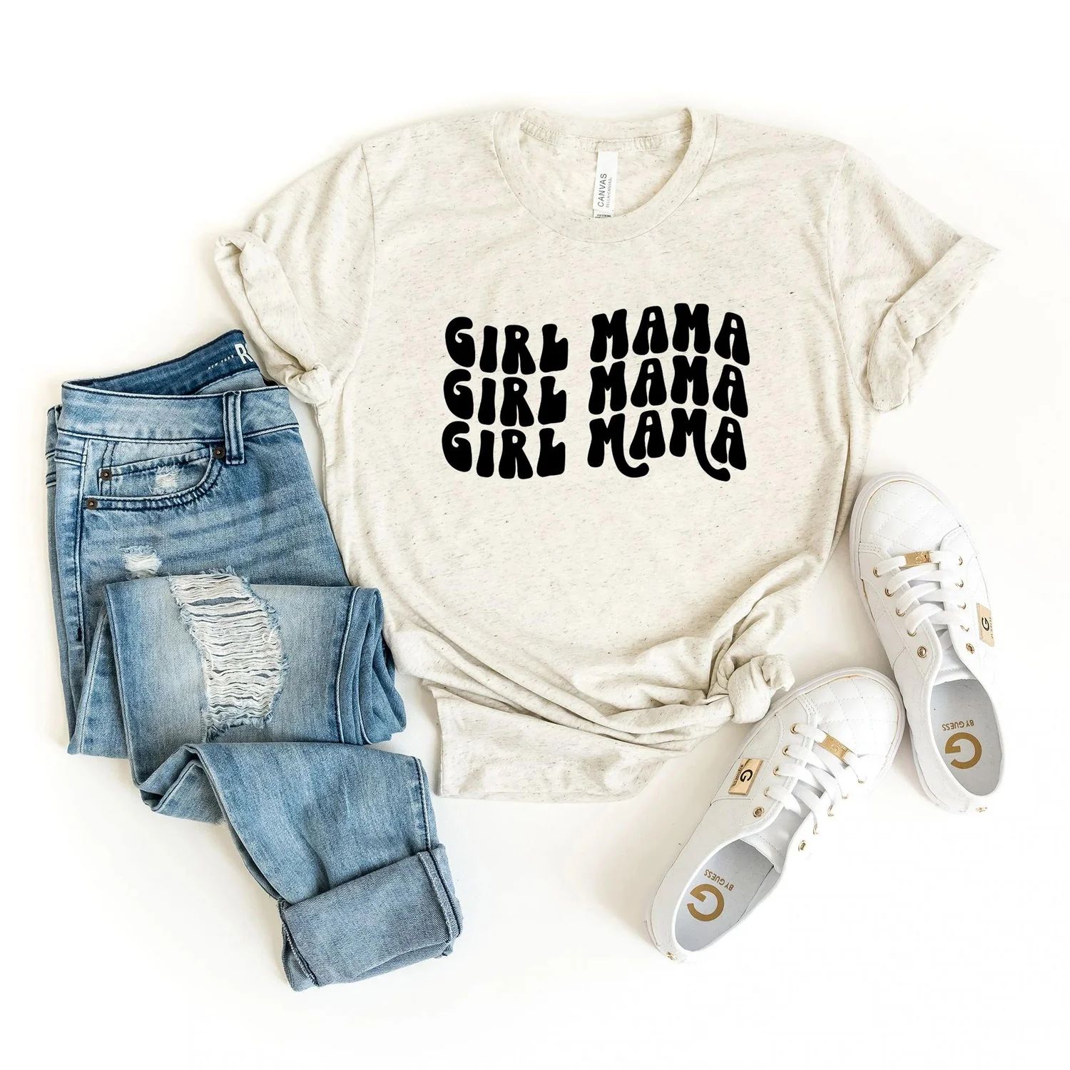 Girl Mama Stacked Wavy Graphic Tee, Oatmeal | SpearmintLOVE
