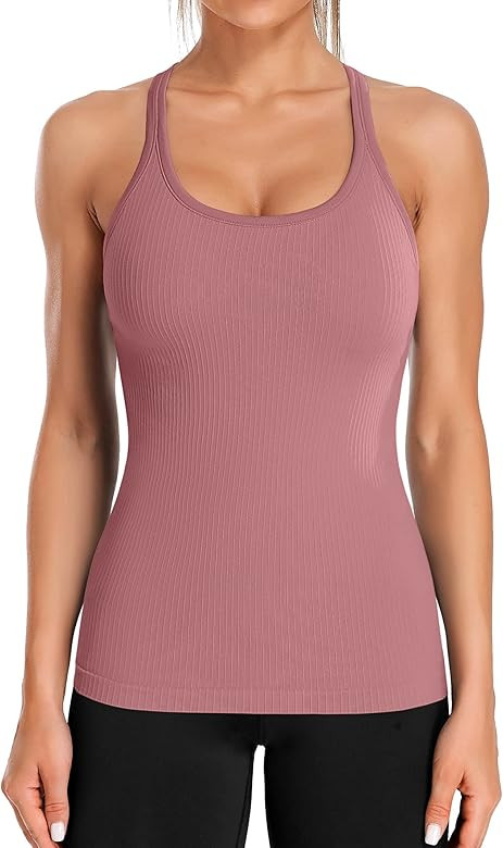 ATTRACO Ribbed Workout Tank Tops for Women with Built in Bra Tight Racerback Scoop Neck Athletic ... | Amazon (US)