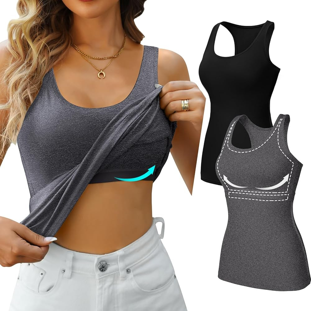 V FOR CITY Womens Shelf Bra Tank Tops Racerback Workout Camis Yoga Shirt Cotton Undershirt 2 Pack | Amazon (US)
