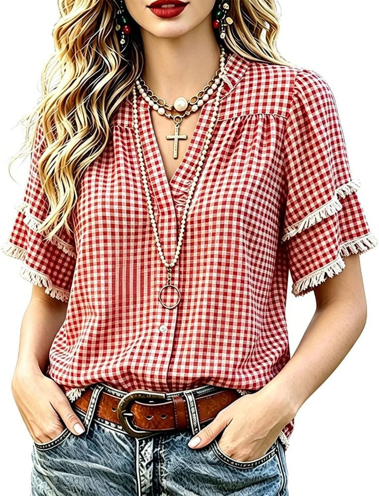 Women's Classic Gingham V-Neck Frayed Hem Half Sleeve Cotton Casual Blouse Top | Amazon (US)