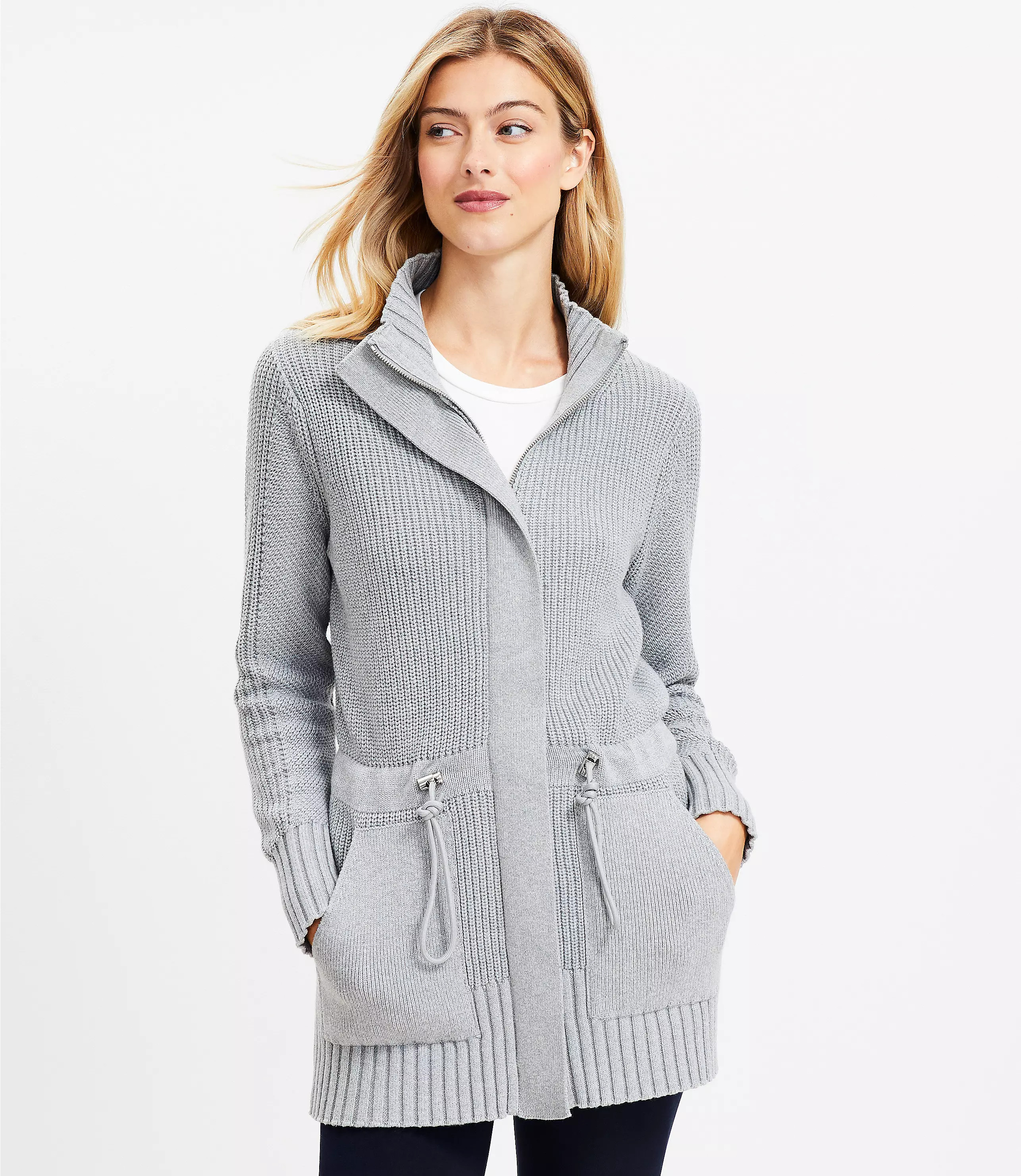 Lou & Grey Drawstring Zip Pocket Cardigan | LOFT