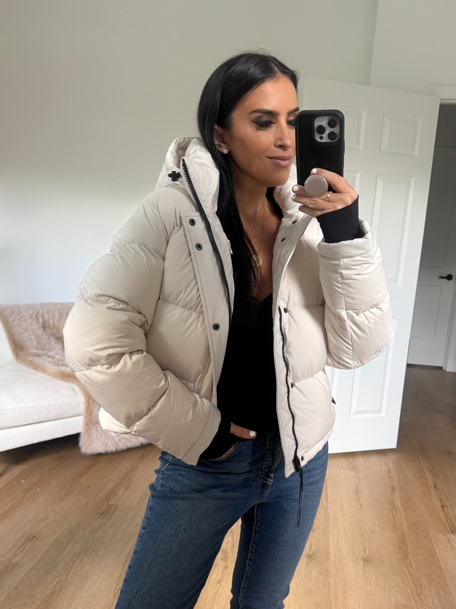 The Super Puff™ The Super Puff™ Shorty wearing size small. HomeStretch™ Rib Lace Henley Longsleeve wearing size small. 
