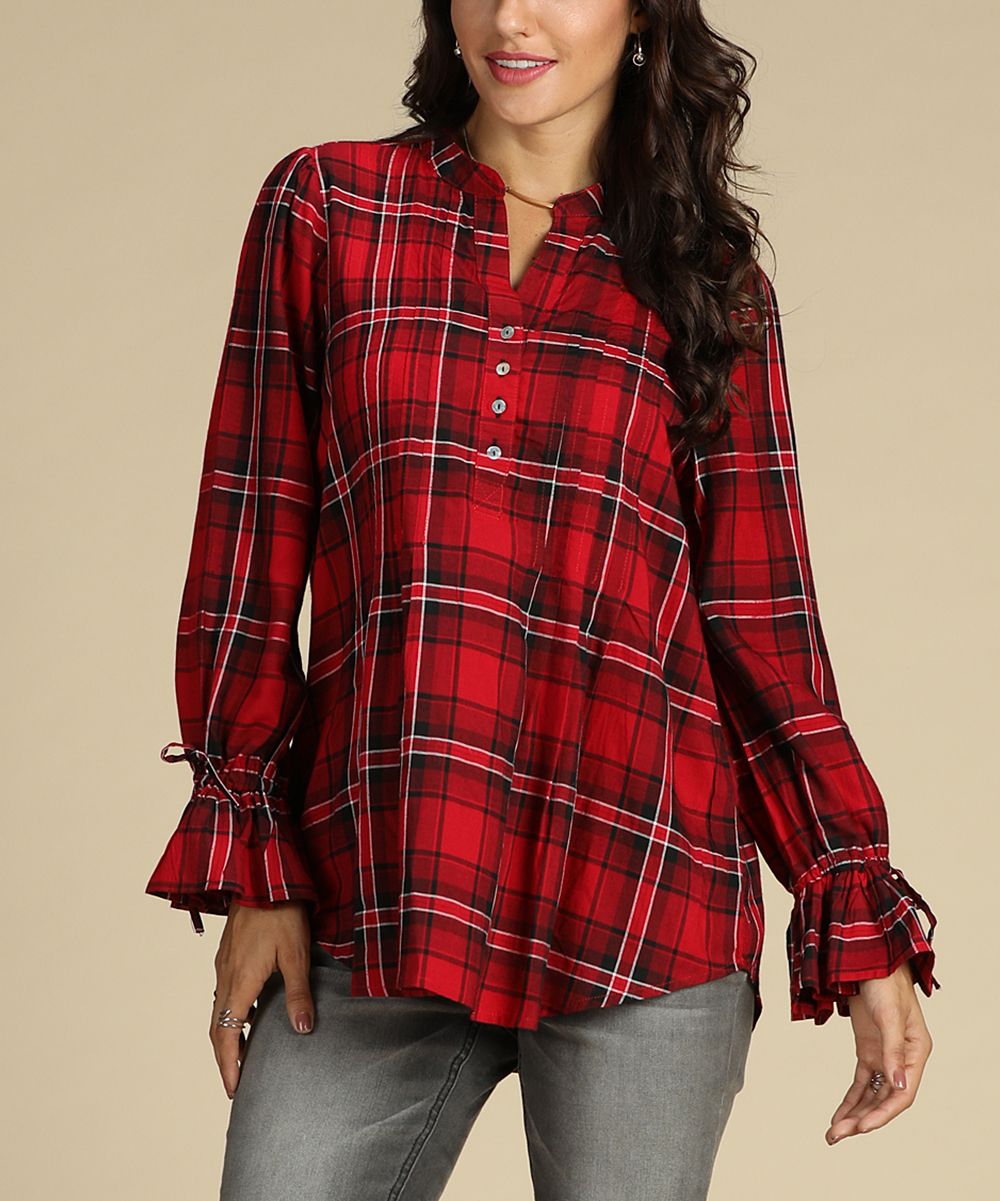 Red & Black Plaid Pin-Tuck Ruffle-Sleeve Hi-Low Top - Women & Plus | zulily