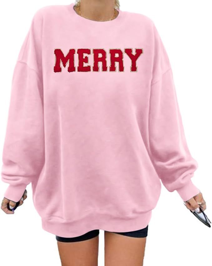 FASHGL Merry Sweatshirt Women Christmas Glitter Patch Merry Shirt Merry Letter Print Long Sleeve ... | Amazon (US)
