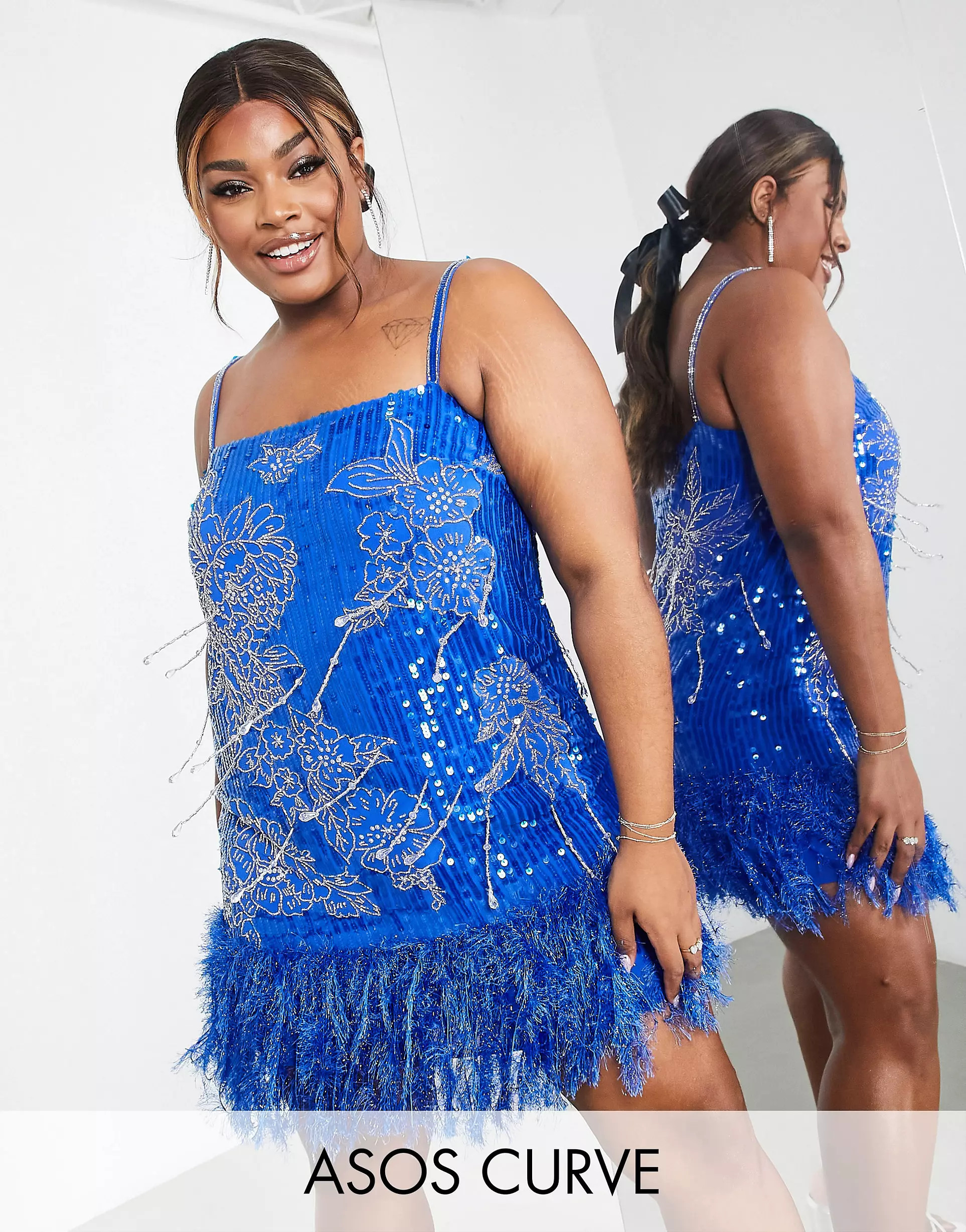 ASOS EDITION Curve floral sequin and bead mini dress with faux feather hem in bright blue | ASOS (Global)