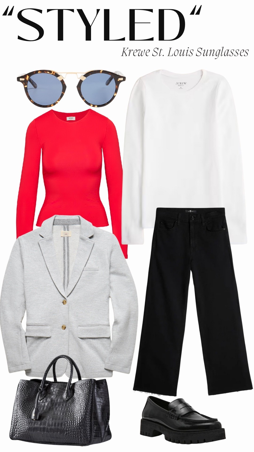 Styled
Krewe St. Louis Sunglasses

Black Crop Straight Leg Jean: 7 For All Mankind (Alexa Jean)
Heather Grey Blazer: Faherty (Inlet Knit Blazer)
White Long Sleeve Crew Neck T-Shirt: J.Crew
Red Contour Crew Longsleeve: Aritzia
Black Croc Handbag: Mark and Graham (Elisabetta Handbag)
Black Penny Loafer: Steve Madden (Langsten Loafer)

#LTKWorkwear #LTKOver40 #LTKSeasonal