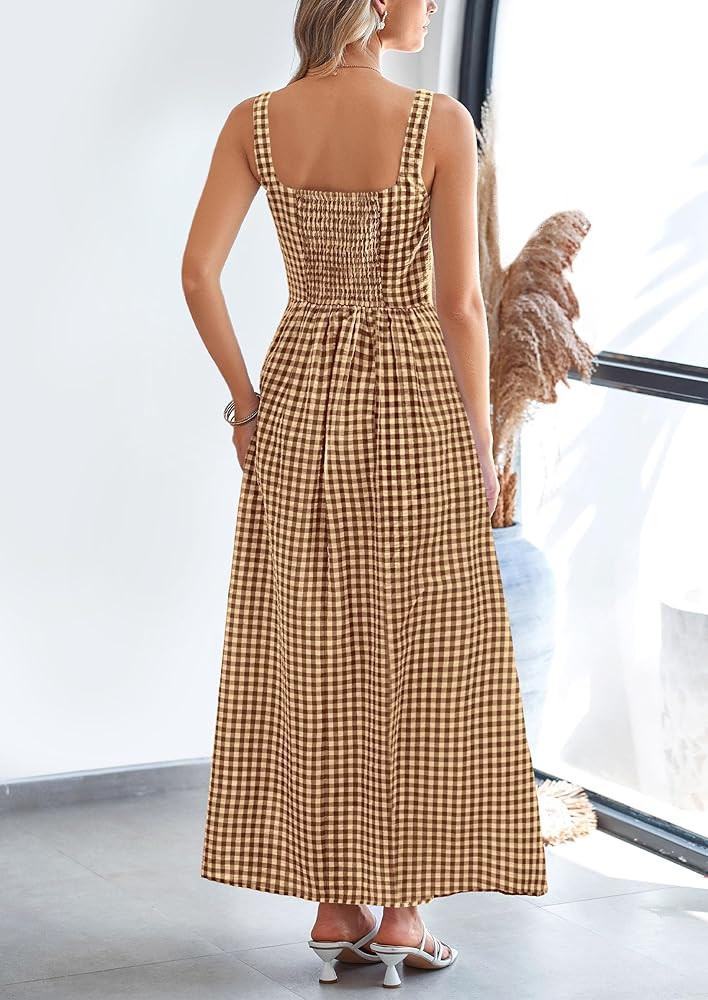 PRETTYGARDEN Women's 2025 Summer Spaghetti Strap Maxi Dresses Plaid Square Neck A Line Casual Bea... | Amazon (US)