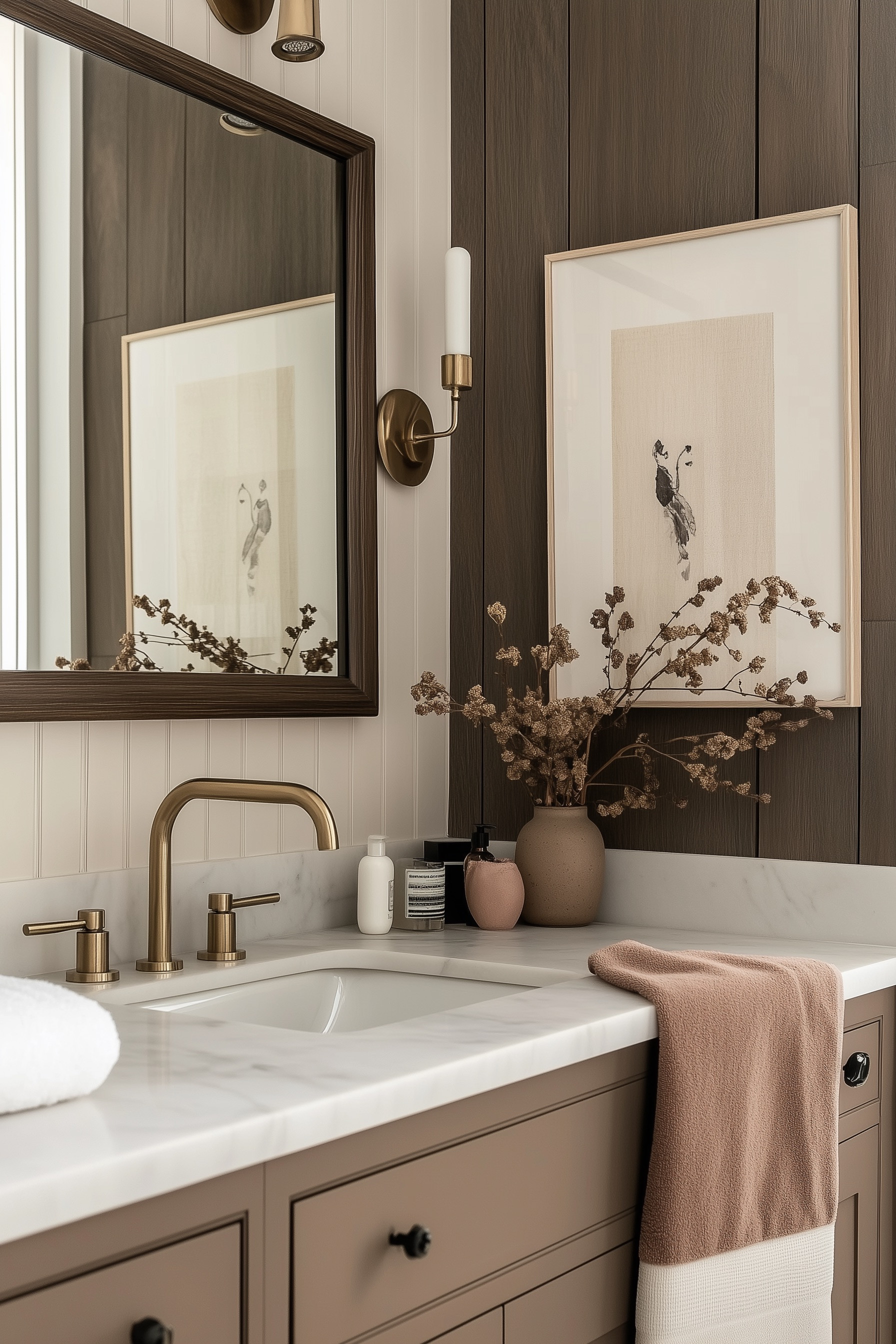This cozy modern bathroom feels warm and sophisticated with its mix of earthy tones, wood paneling, and brass accents. The soft beige vanity, marble countertop, and minimalist art create a calming, organic modern look that’s timeless yet elevated. If you love Studio McGee or Amber Interiors–style bathrooms, this neutral design is perfect for creating a serene, spa-like retreat in your own home. 

 #LTKHome #LTKStyleTip
