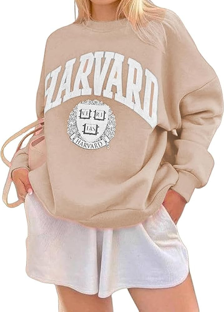 Women's Letter Graphic Print Oversized Fleece Sweatshirt Crewneck Long Sleeve Drop Shoulder Pullo... | Amazon (US)