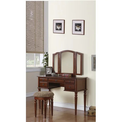 Bedroom Contemporary Vanity Set W Foldable Mirror Stool Drawers Cherry Color | Wayfair North America