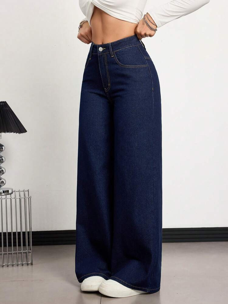 SHEIN Tall Women's High Waist Pockets Wide Leg Loose Casual Denim Jeans | SHEIN
