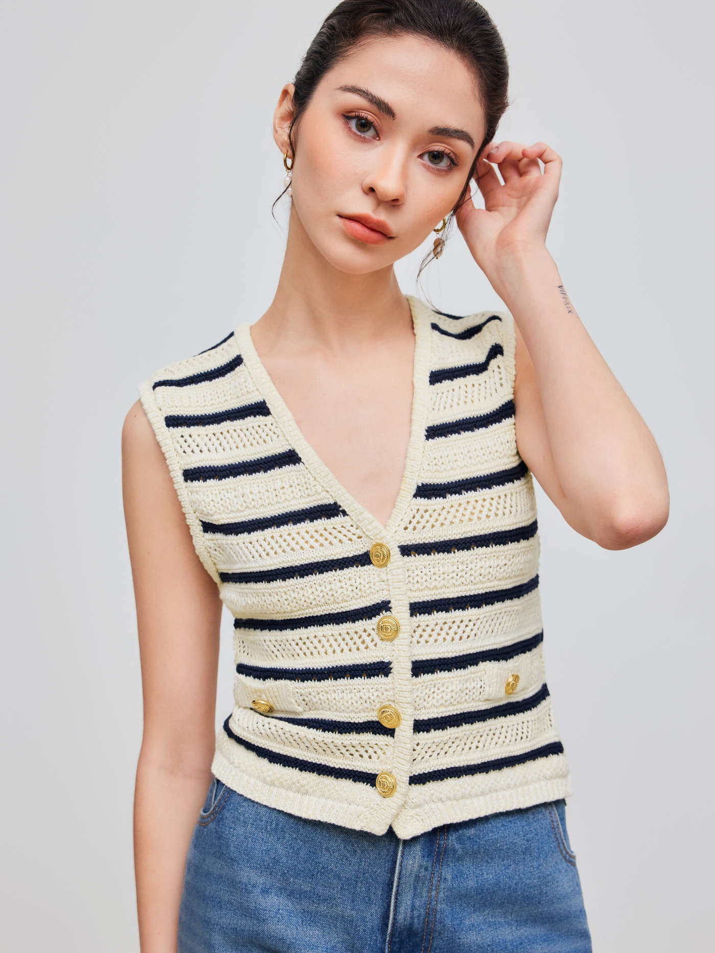 Gilet rayé en maille à col en V | Cider