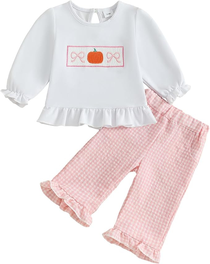 Toddler Baby Girl Halloween Outfit Smocked Pumpkin Long Sleeve Ruffle Sweatshirt Plaid Pants Set ... | Amazon (US)