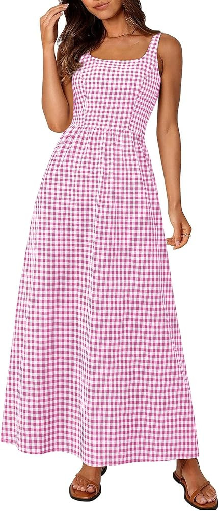 PRETTYGARDEN Women's 2026 Summer Spaghetti Strap Maxi Dresses Plaid Square Neck A Line Casual Bea... | Amazon (US)