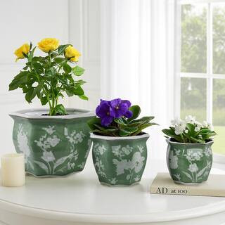 8 in. 10 in. and 12 in. Green Ceramic White Flowers Decorative Pots (Set of 3) | The Home Depot