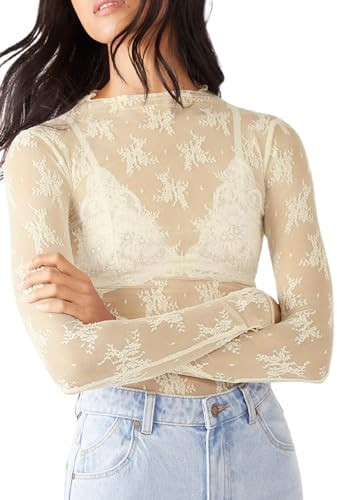 KMBANGI Women's Mesh Lace Long Sleeve Top Mock Neck Sheer Blouse Floral Lace Layering Tops Y2k Se... | Amazon (US)