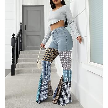 ThusFar Women High Waist Patchwork Flare Jeans Plaid Bell Bottom Ruffle Hem Denim Long Pants Trou... | Amazon (US)