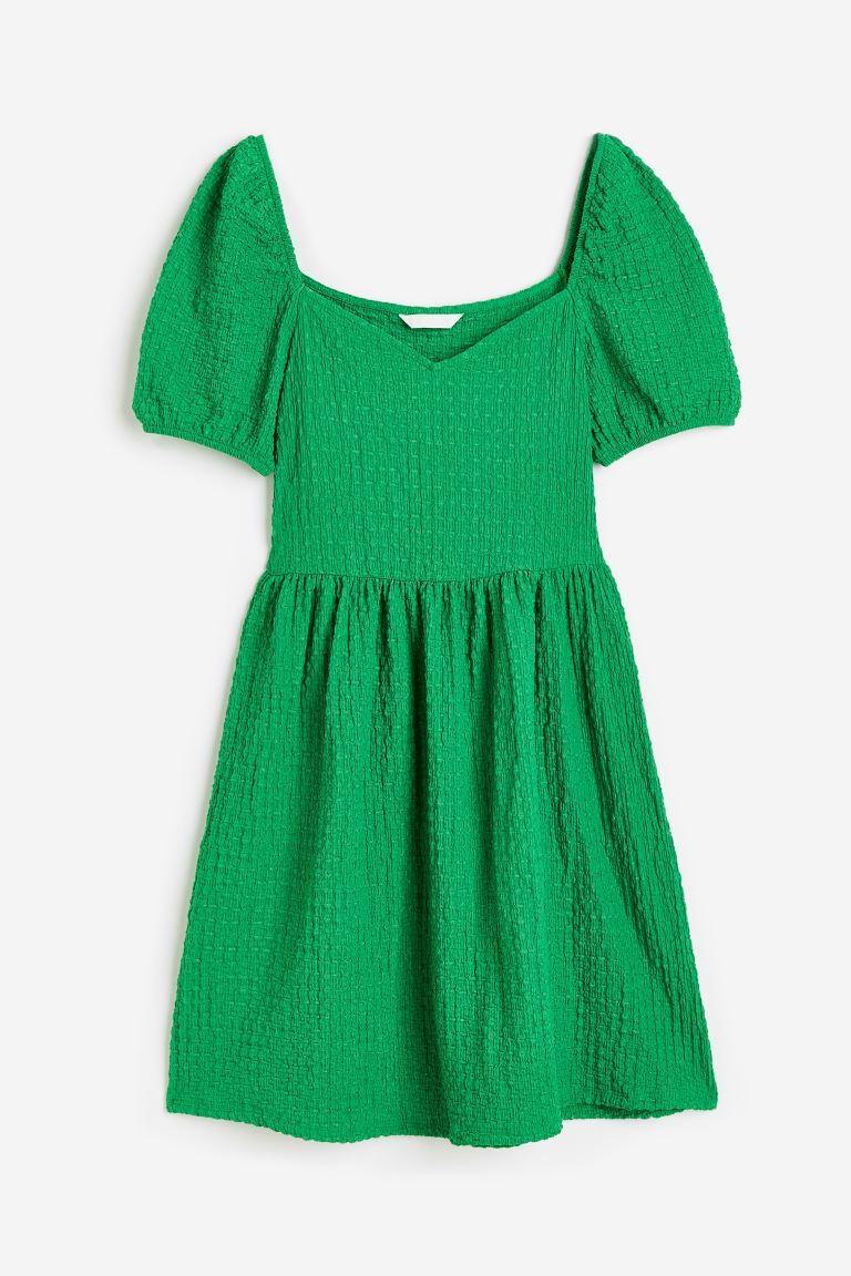 Puff-sleeved Textured Jersey Dress - Green - Ladies | H&M US | H&M (US + CA)