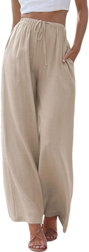 Tanming Wide Leg Linen Pants for Women Summer Flowy High Waisted Beach Palazzo Trousers | Amazon (US)