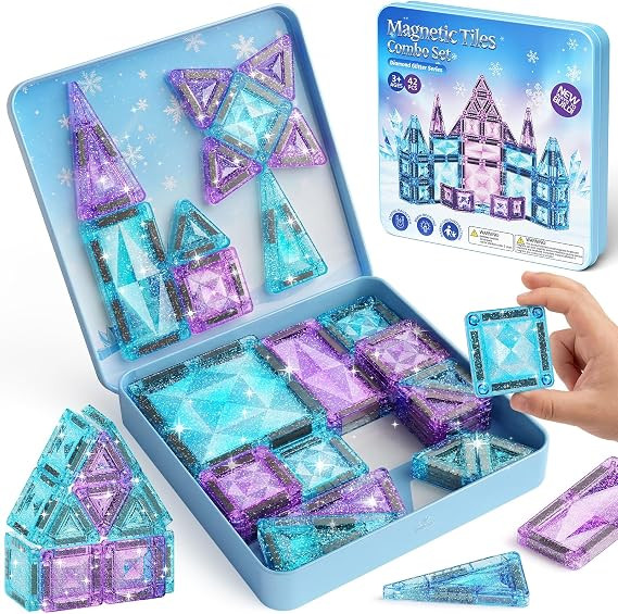 burgkidz Magnetic Travel Tiles for Kids 3-8: 42PCS Large & Small Ice Blue Purple Glitter Blocks ... | Amazon (US)