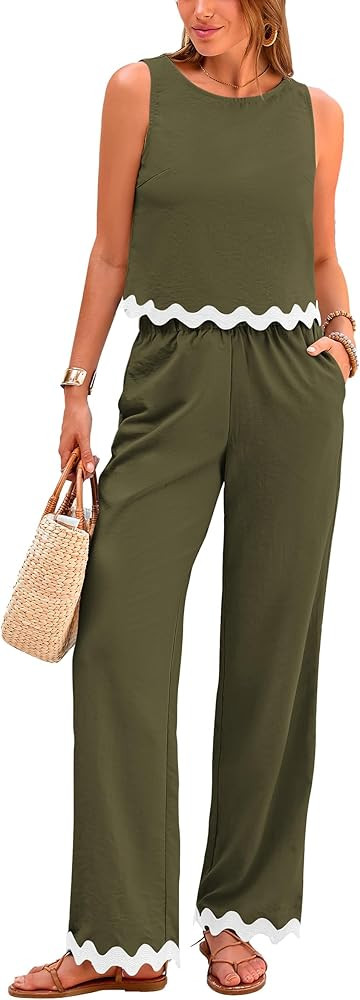 PRETTYGARDEN Women's Summer Casual 2 Piece Outfits Sleeveless Tank Crop Top Wide Leg Pants Sets T... | Amazon (US)