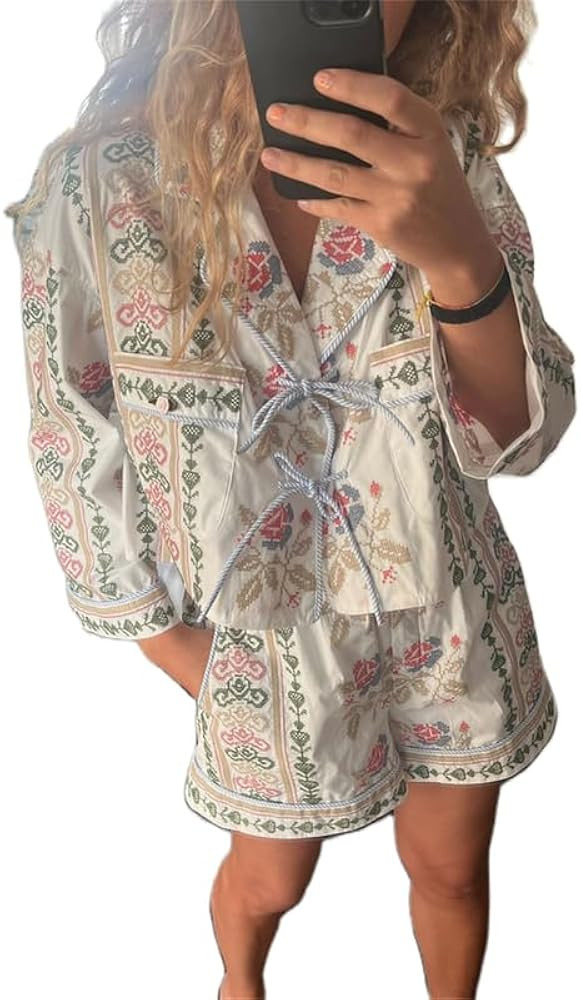 Thopavenoir Women Casual Lounge Set 2 Piece Pj Set 3/4 Sleeve Floral Printing Tie Front Shirt Hig... | Amazon (US)