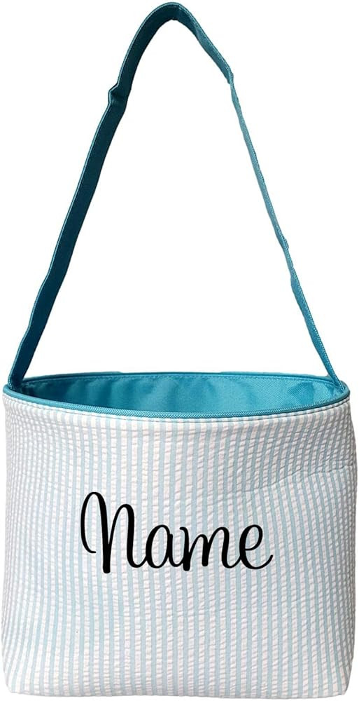 SONA G DESIGNS Personalize with a Name Seersucker Stripe Fabric Easter Basket Bucket Tote Bag - E... | Amazon (US)