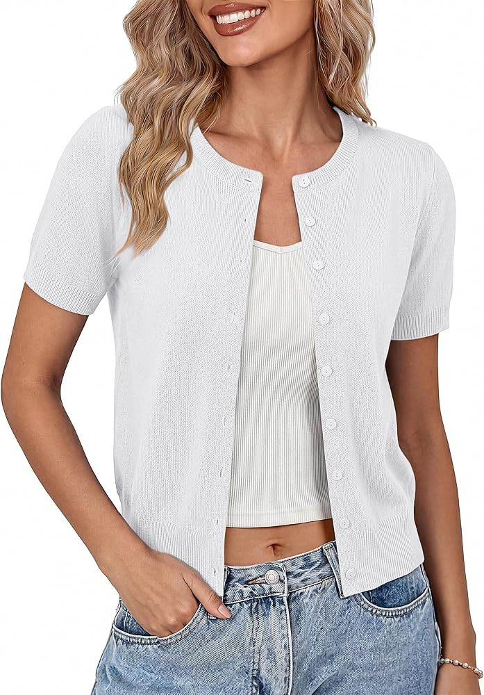 GRACE KARIN Women Short Sleeve Cardigan, 2026 Summer Knitted Sweater Tops, Basic Crew Neck Crop O... | Amazon (US)
