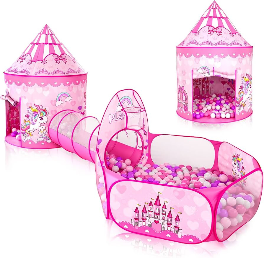 3pc Kids Play Tent for Girls with Ball Pit, Crawl Tunnel, Princess Tents for Toddlers, Baby Space... | Amazon (US)