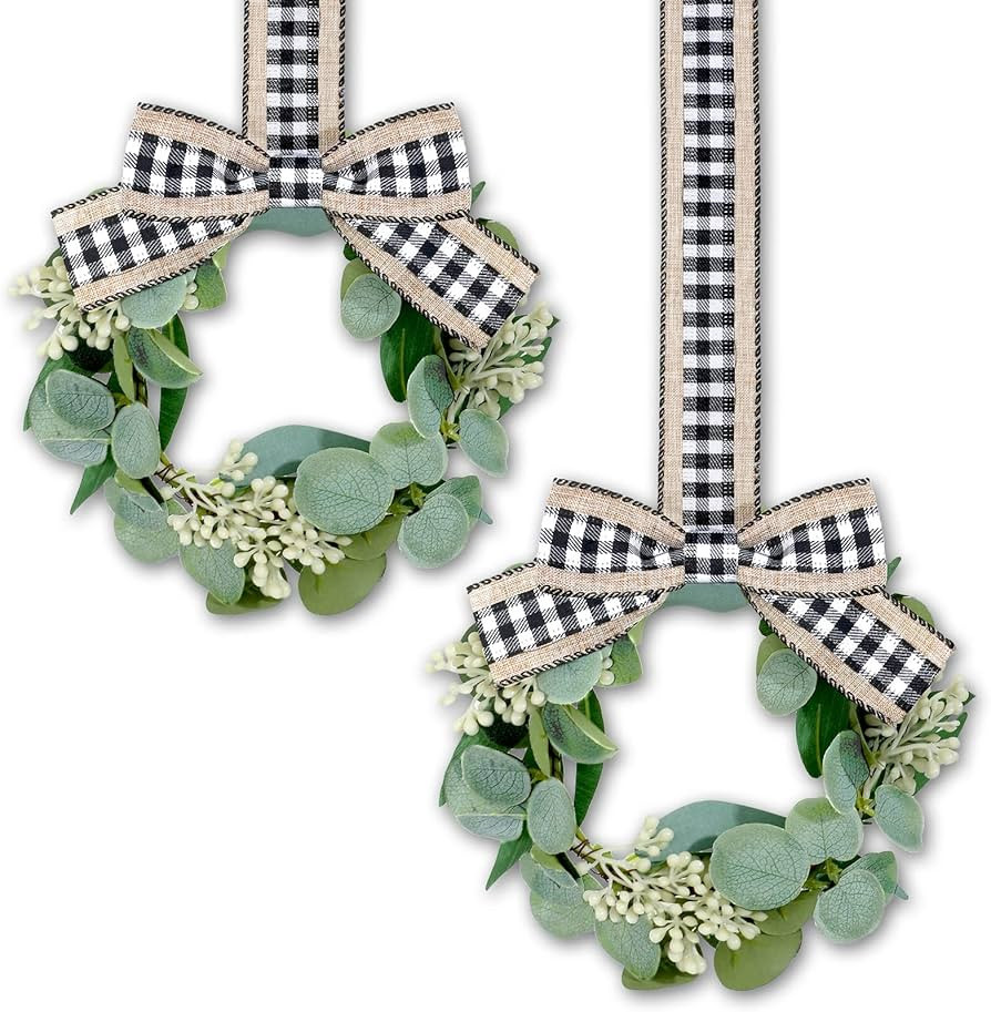 2 Pieces 9 Inch Mini Eucalyptus Wreath for Front Door Small Wreath Green Artificial Wreath for Su... | Amazon (US)