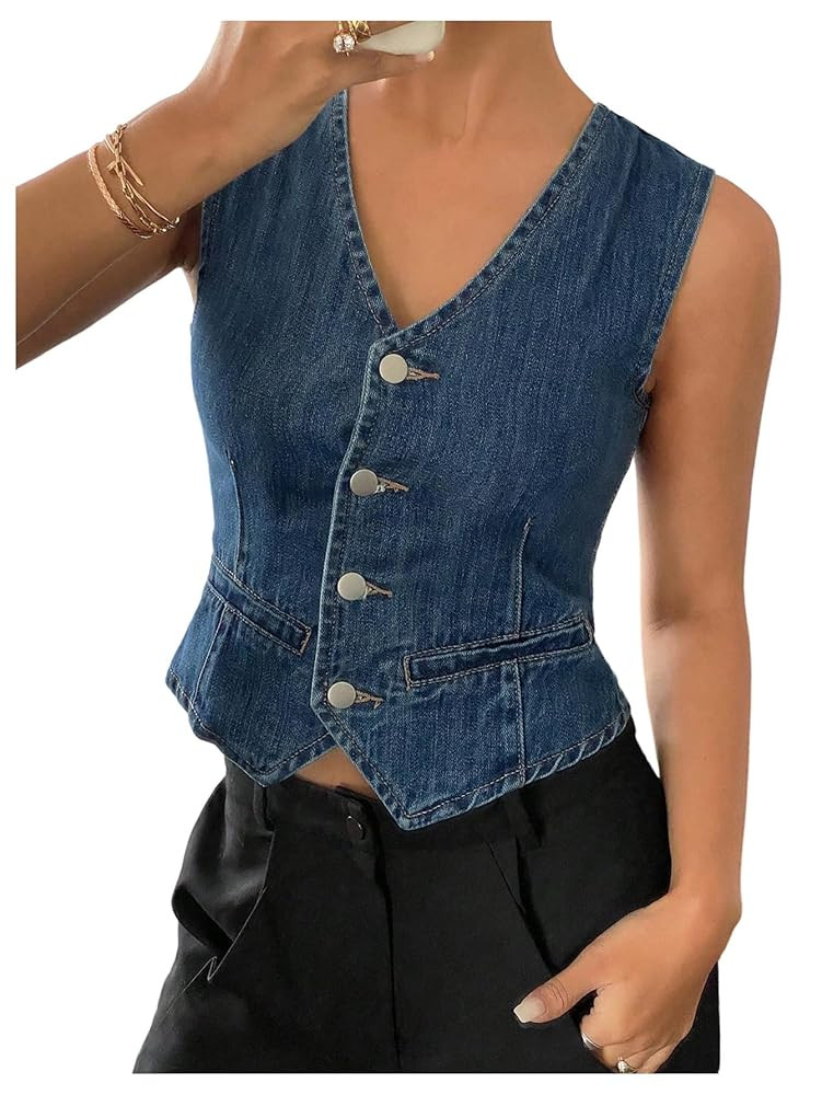 Floerns Women's Button Down Crop Jean Vest Tops V Neck Sleeveless Denim Tank Top | Amazon (US)