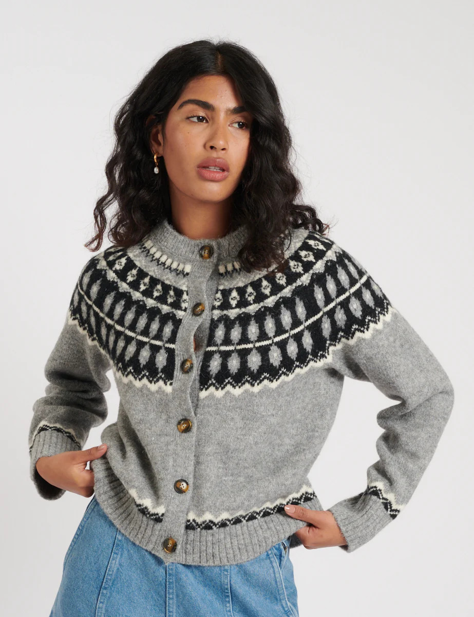 Grey Fair Isle Wool Blend Knitted Cardigan | Nobody's Child