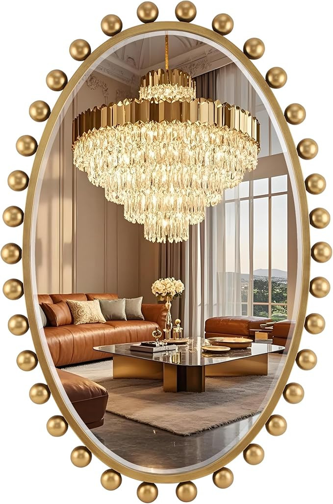 24"x36"Oval Wall Mounted Bathroom Mirror with Beveled Glass, Antique Gold Beaded Ball Frame, Vert... | Amazon (US)