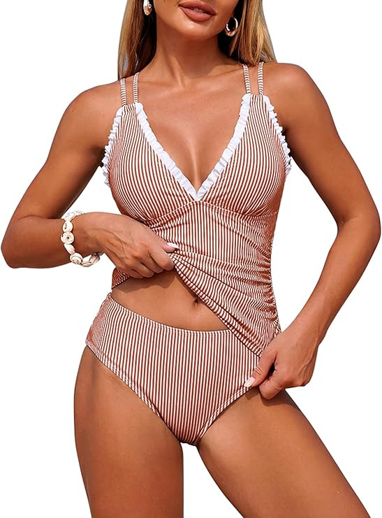 ZAFUL Womens Tankini Swimsuits Smocked 2 Piece Bathing Suits Modest Tie Back Swimwear | Amazon (US)