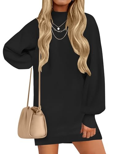 ZESICA Women's 2025 Fall Turtleneck Sweater Dress Oversized Long Lantern Sleeve Casual Knit Pullover Mini Dresses Black Small | Amazon (US)