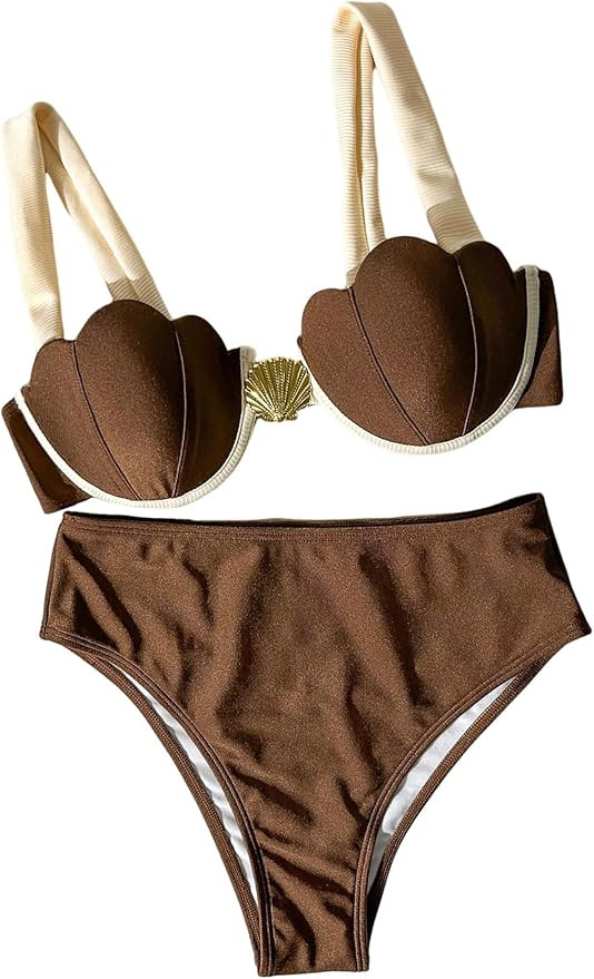 SHENHE Women's Underwire Swimsuits 2 Piece Push Up Seashell Top Bikini Top Color Block Bikinis | Amazon (US)