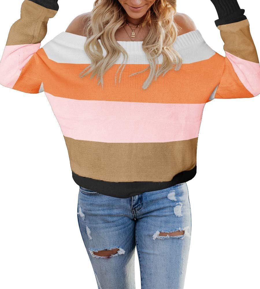 Women's Colorblock Sweater Off The Shoulder Baggy Pullover Casual Batwing Sleeve Knit Rainbow Jum... | Amazon (US)