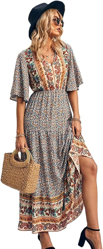 Anna-Kaci Boho Flared Short Sleeve Paisley Maxi Dress | Amazon (US)