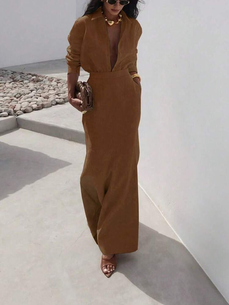 Women's Casual Solid Color Long Sleeve Shirt And Midi Skirt Set, Autumn | SHEIN