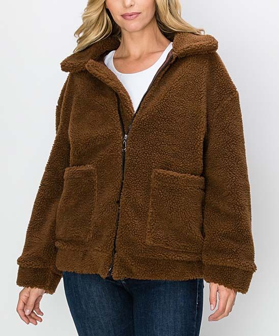 Kimberly C Women's Non-Denim Casual Jackets Brown - Brown Zip-Up Teddy Coat - Women | Zulily