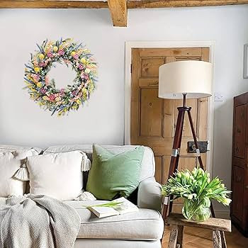 24 Inch Spring Summer Colorful Flower Wreath for Front Door, Forsythia Lavender Wild Flowers Wrea... | Amazon (US)