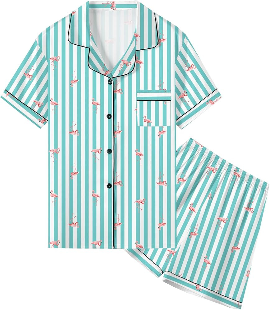 Umeyda Women & Girls Pajamas Set, 2 Piece PJS Satin Silk Sleepwear Button-Down Top with Shorts fo... | Amazon (US)