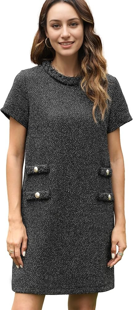 Womens Tweed Jackie Dress Elegant Crew Neck Short Sleeve Button Bodycon Mini Dress | Amazon (US)