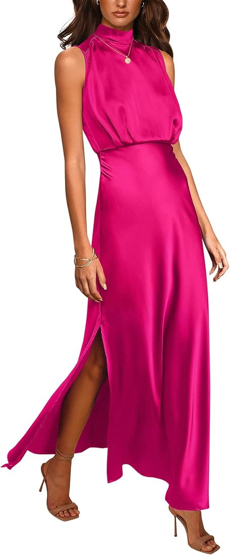 BTFBM Women Sleeveless Mock Neck Cocktail Dresses Keyhole Elastic Waist Party Wedding Guest Satin... | Amazon (US)
