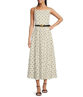 Linen Boat Neck Sleeveless Belted A Line Midi Dress | Dillard's